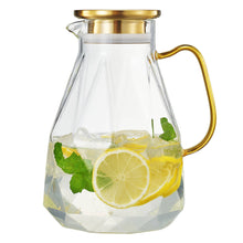 Load image into Gallery viewer, Glass Beverage Pitcher Jug - Gold Lid &amp; Handle (74 oz)
